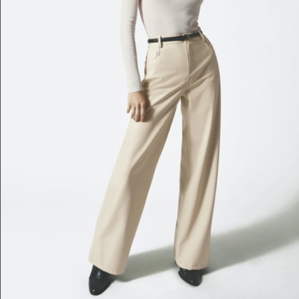 zara faux leather wide leg pants in cream white color